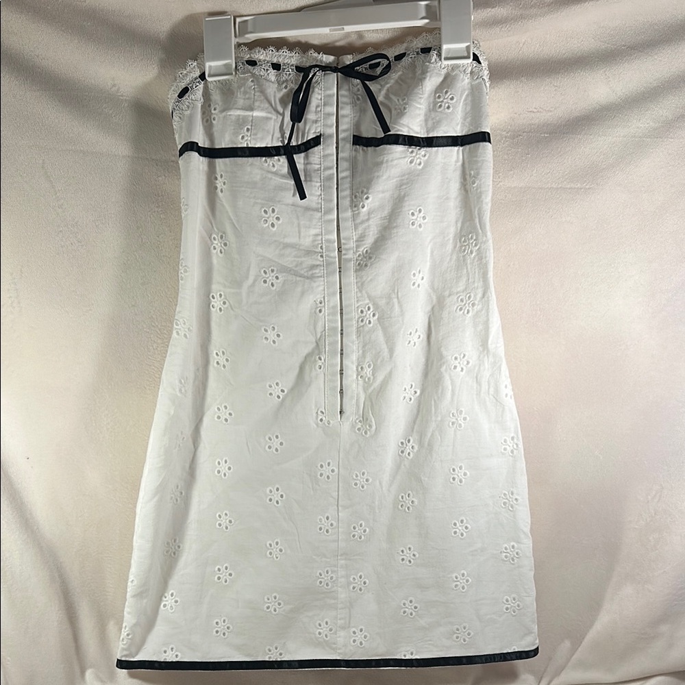 West of Melrose White Eyelet Strapless Dress with Black Trim an White Lace